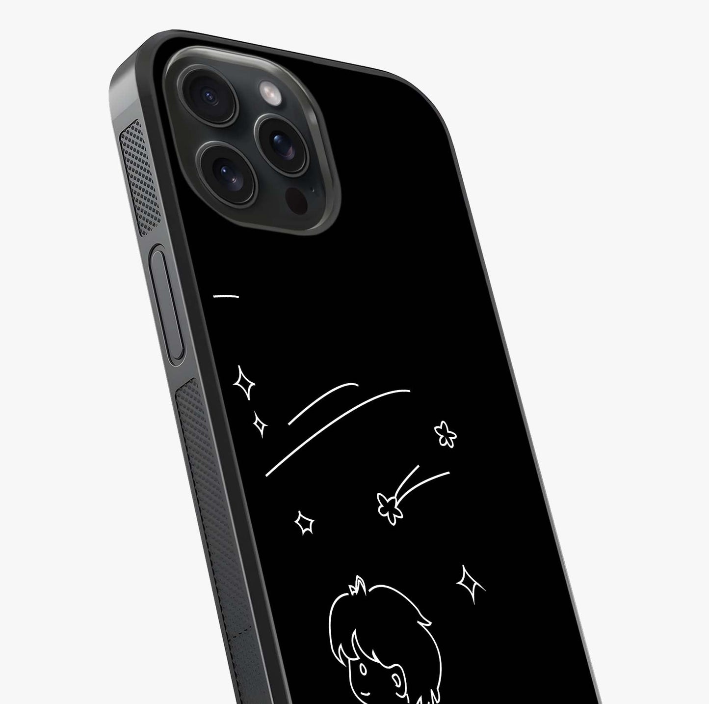 Line Art Boy With Shooting Stars Glass Case captured at a warm angle highlighting gloss, texture and premium glass finish.