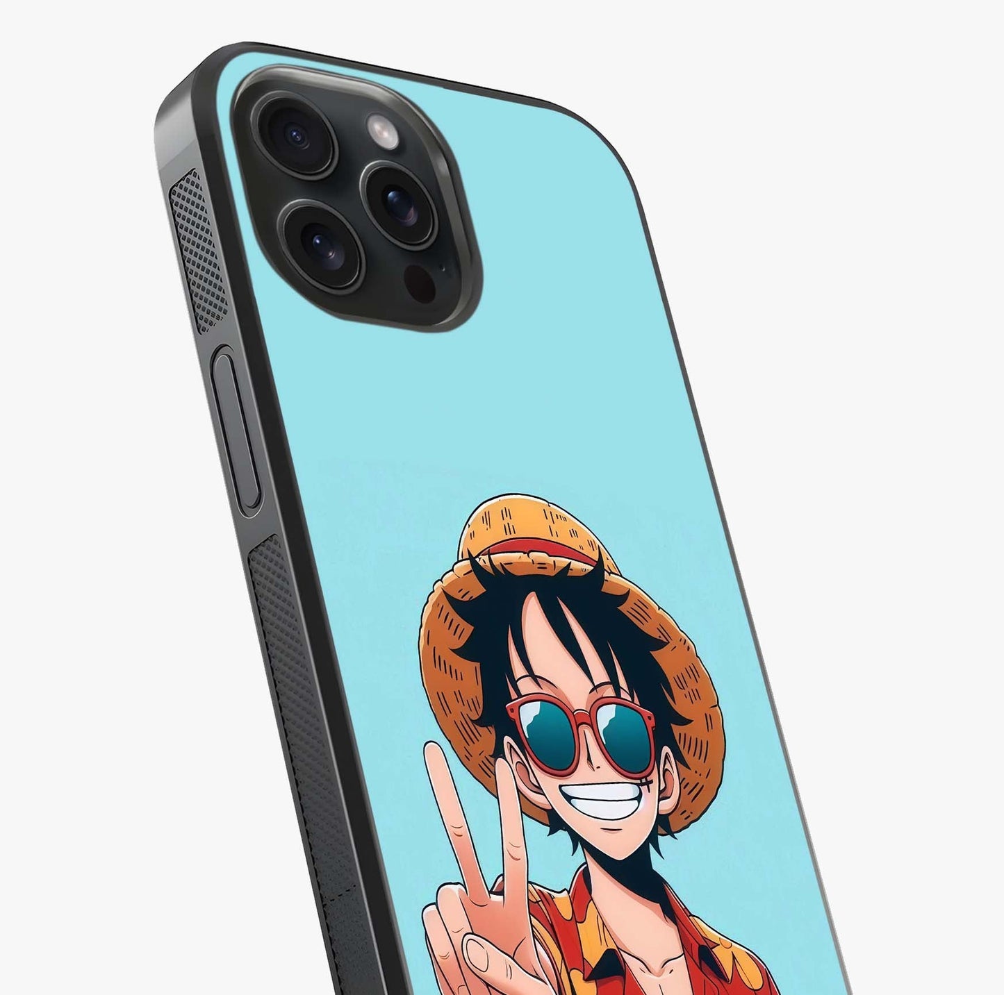 Luffy Summer Anime Vibe Glass Case captured at a warm angle highlighting gloss, texture and premium glass finish.