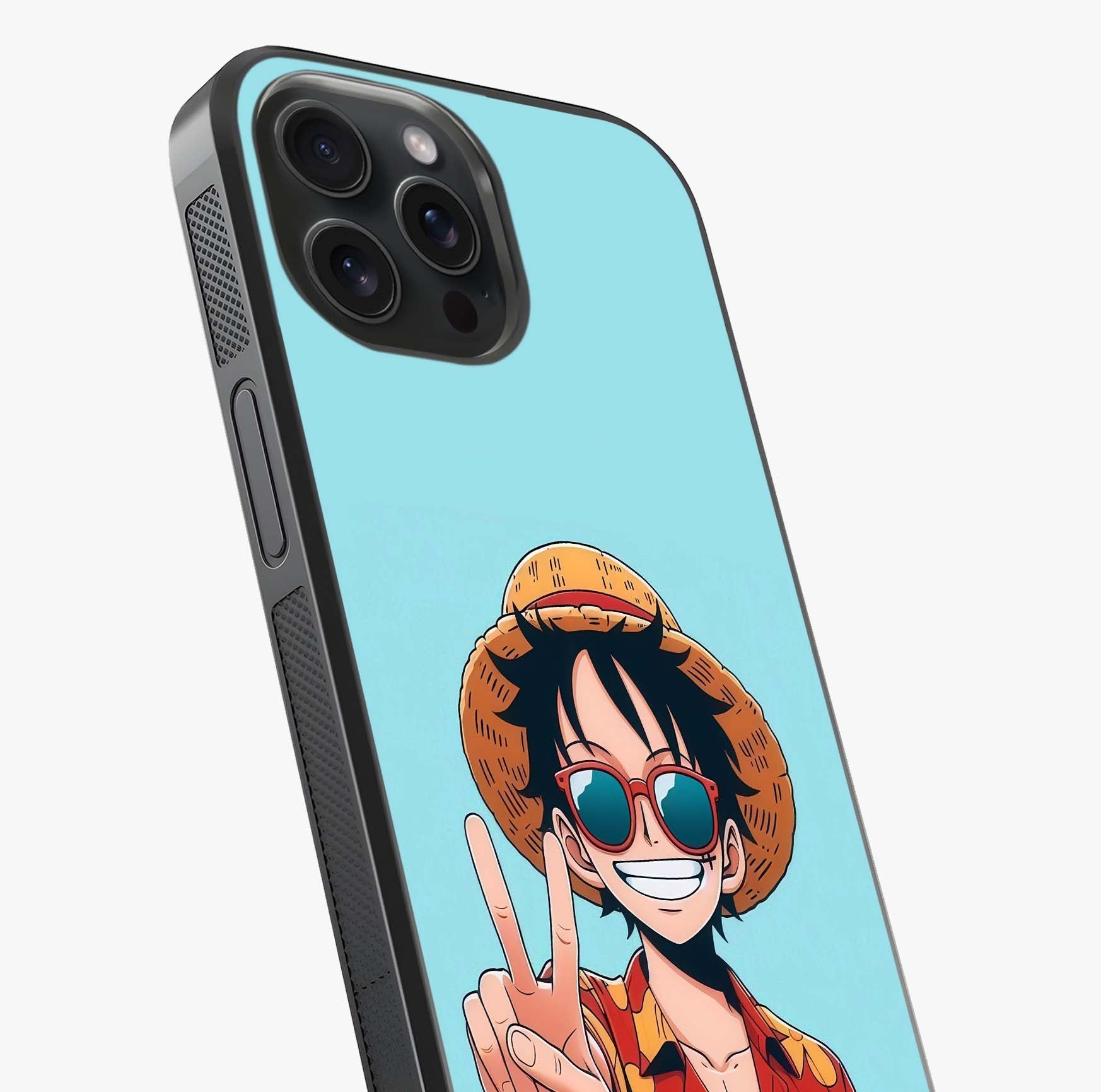 Luffy Summer Anime Vibe Glass Case captured at a warm angle highlighting gloss, texture and premium glass finish.