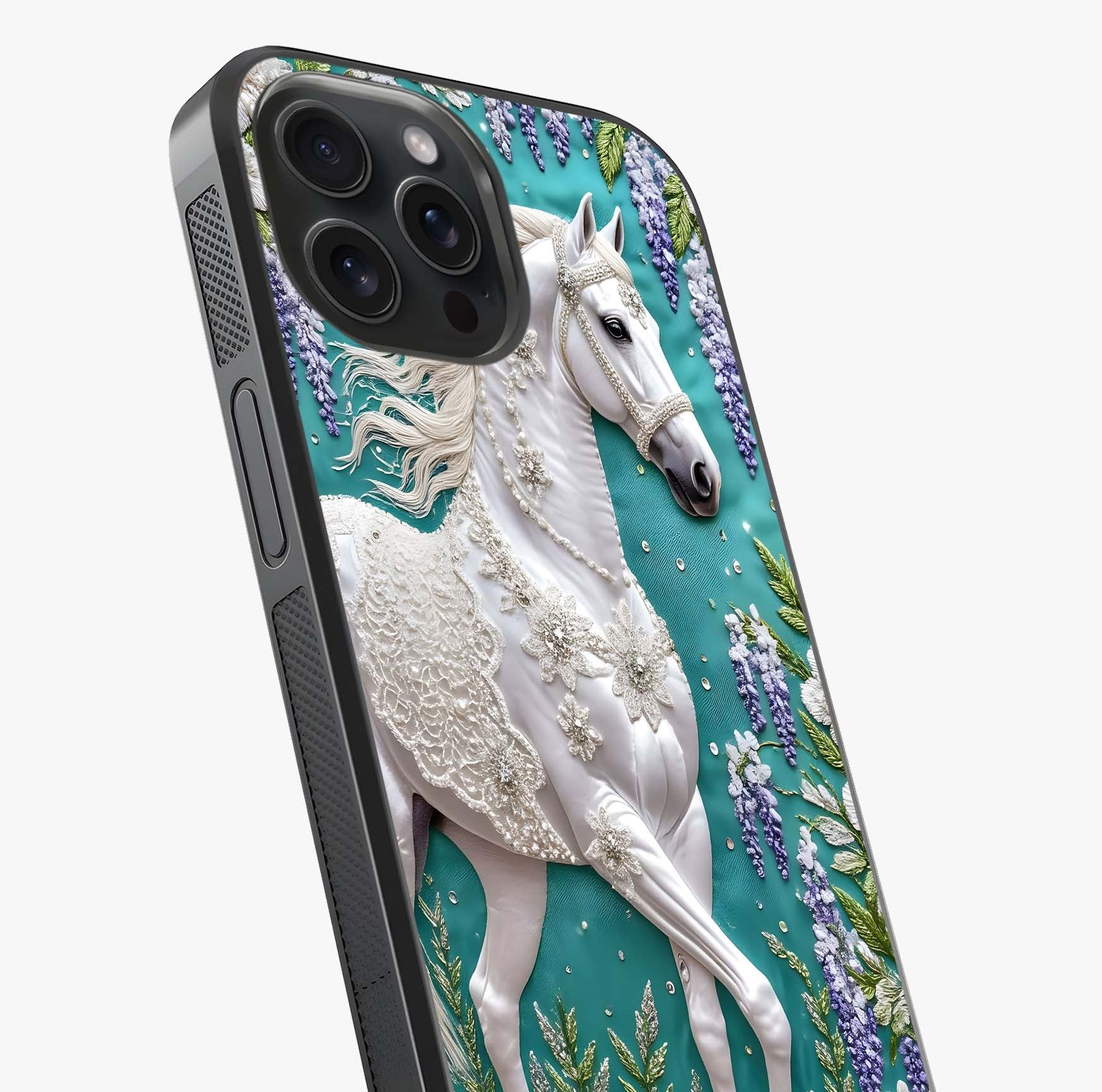 Majestic Floral Stallion Glass Case captured at a warm angle highlighting gloss, texture and premium glass finish.