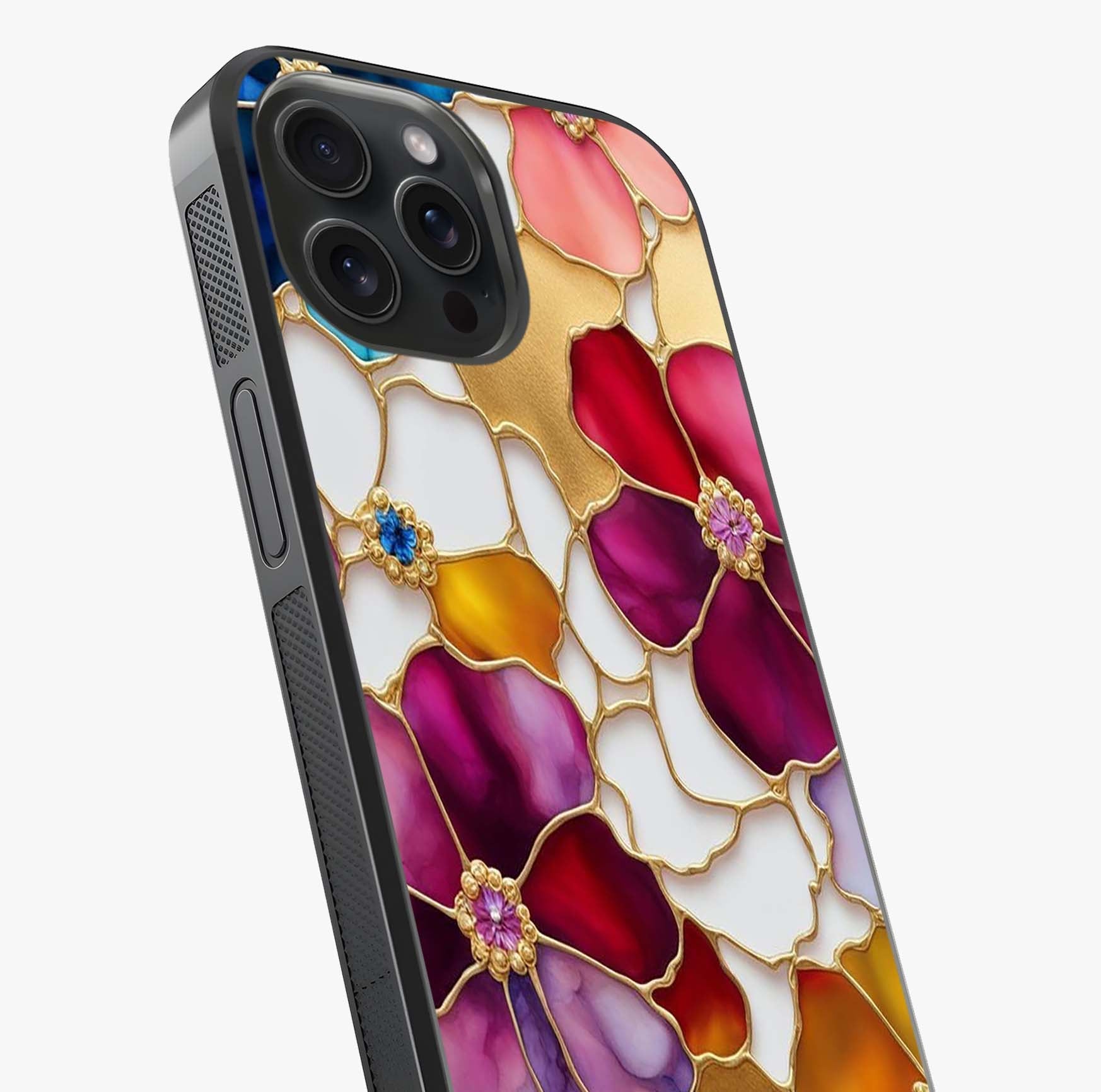 Marble Flower Pattern Glass Case captured at a warm angle highlighting gloss, texture and premium glass finish.