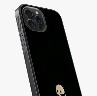 Midnight Panda Love Glass Case captured at a warm angle highlighting gloss, texture and premium glass finish.