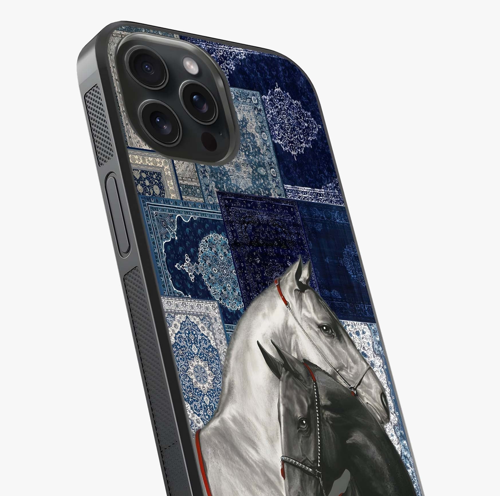 Midnight Stallion Blues Glass Case captured at a warm angle highlighting gloss, texture and premium glass finish.