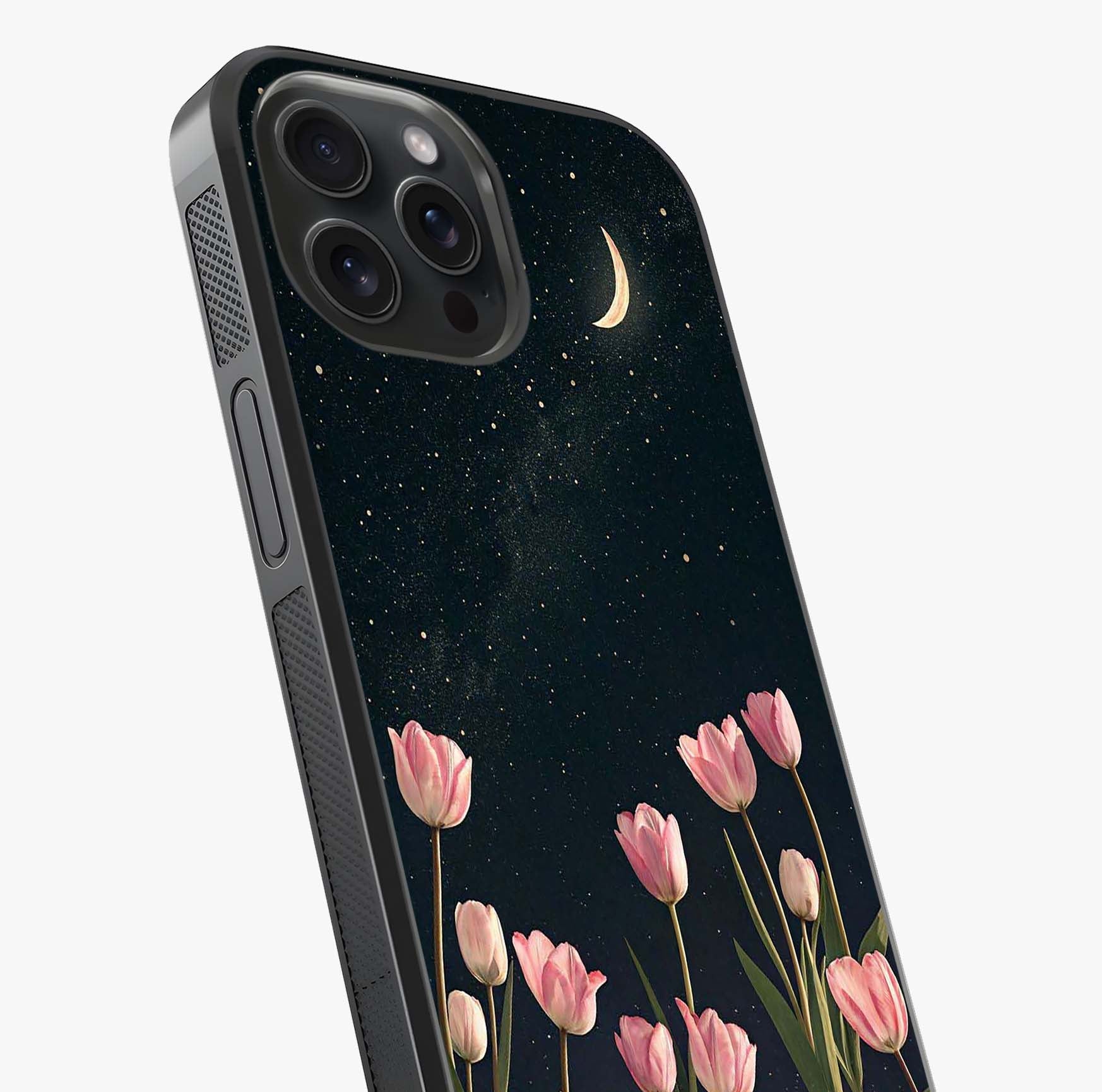 Midnight Tulip Whispers Vibe Glass Case captured at a warm angle highlighting gloss, texture and premium glass finish.