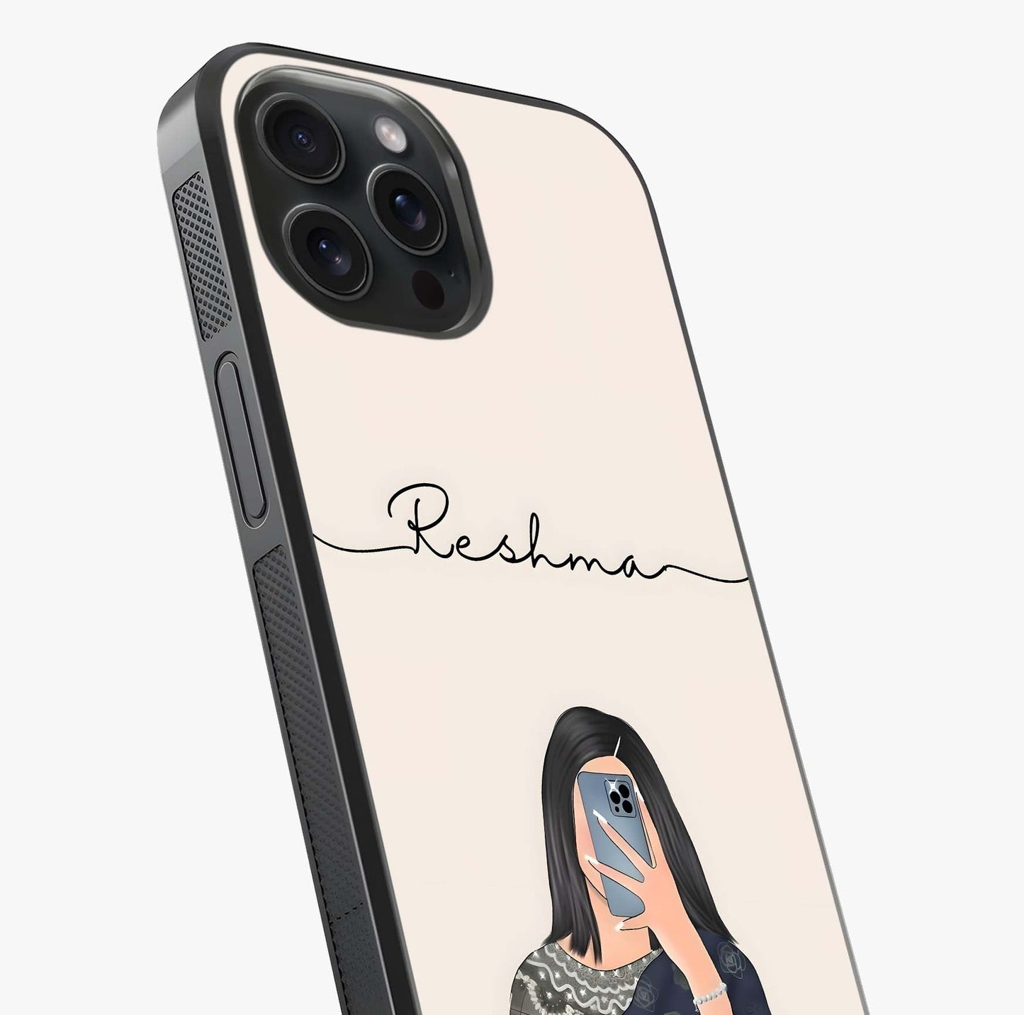 Mirror Mood Muse With Custom Name Glass Case captured at a warm angle highlighting gloss, texture and premium glass finish.