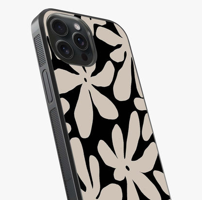Monochrome Petal Dance Glass Case captured at a warm angle highlighting gloss, texture and premium glass finish.
