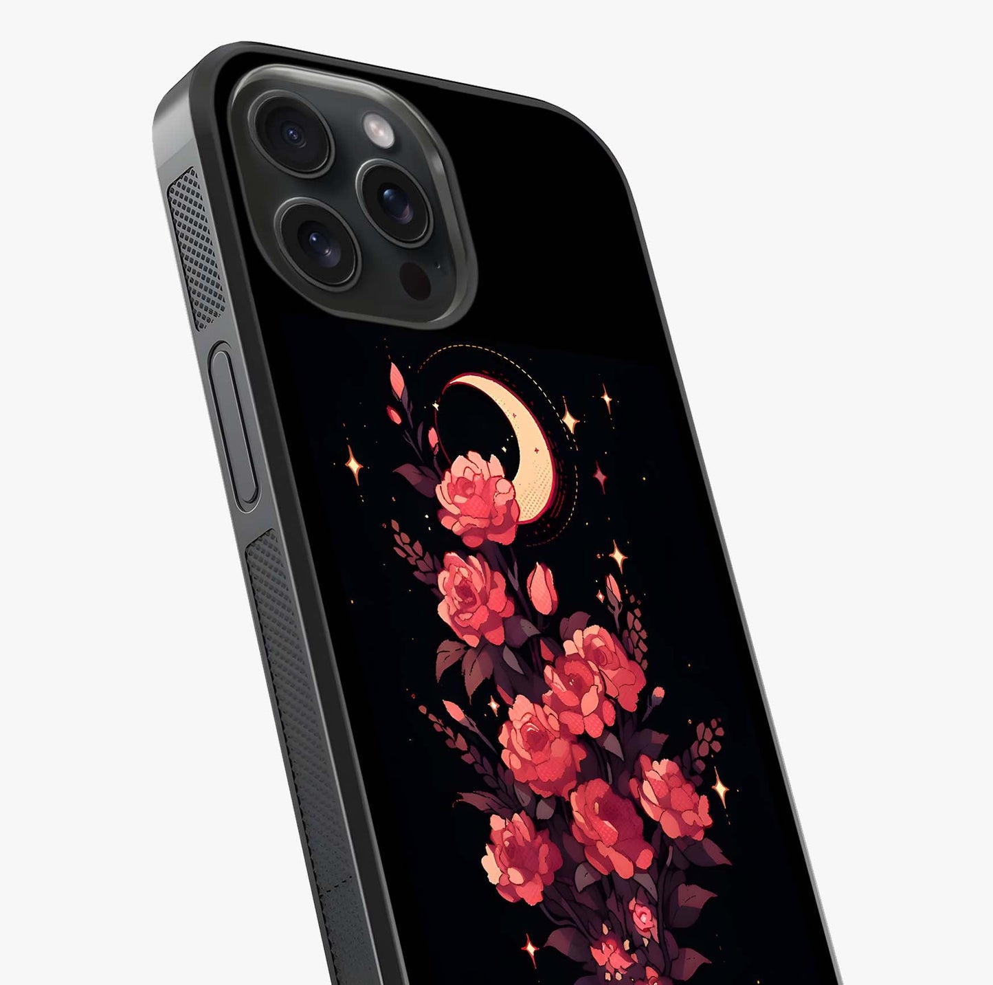 Moonlit Floral Elegance Glass Case captured at a warm angle highlighting gloss, texture and premium glass finish.