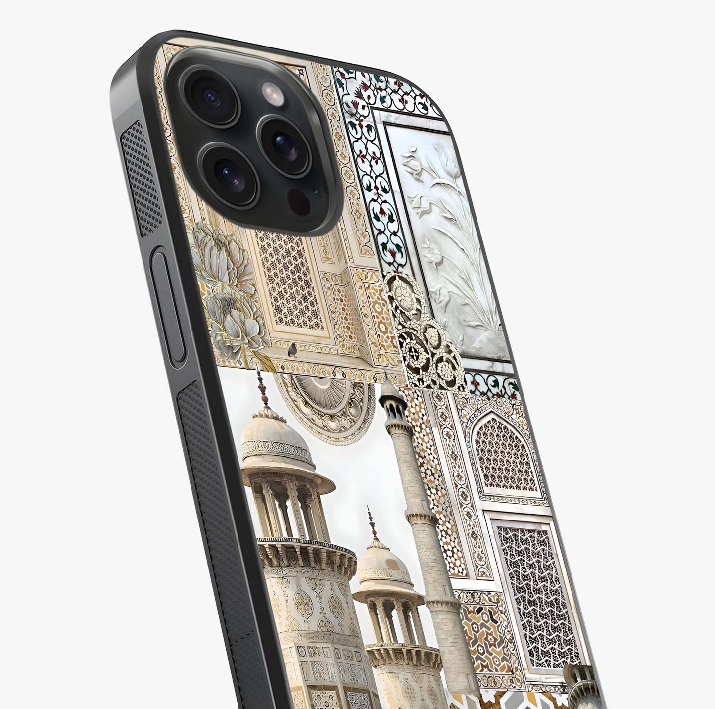 Mughal Marble Legacy Glass Case captured at a warm angle highlighting gloss, texture and premium glass finish.