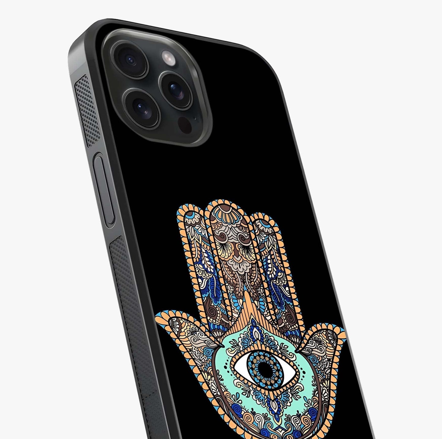 Mystic Hamsa Eye Glass Case captured at a warm angle highlighting gloss, texture and premium glass finish.