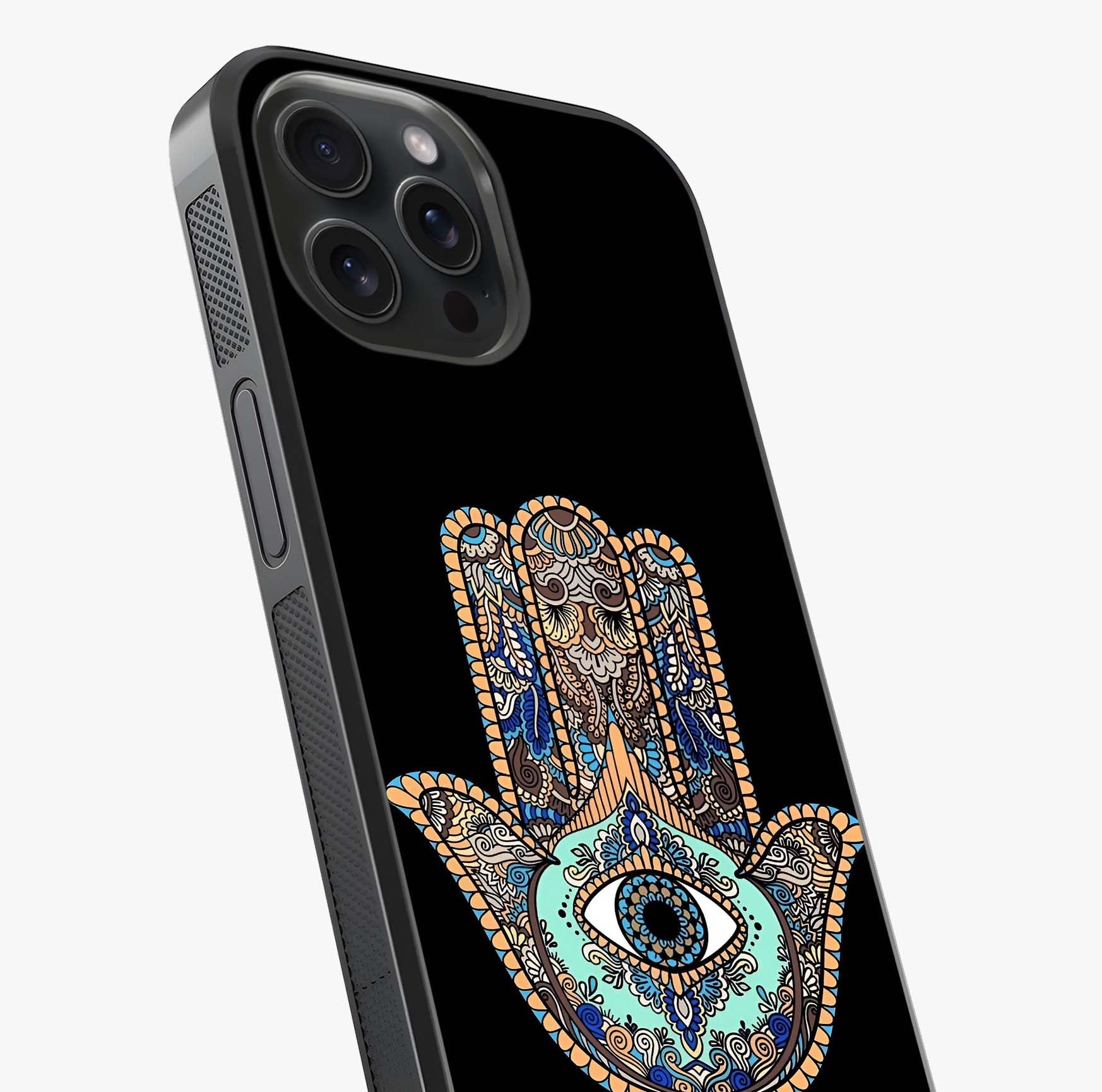 Mystic Hamsa Eye Glass Case captured at a warm angle highlighting gloss, texture and premium glass finish.