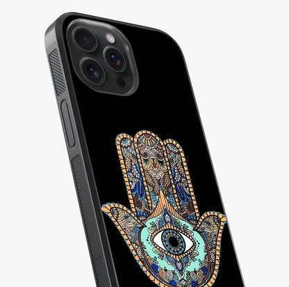 Mystic Hamsa Eye Glass Case captured at a warm angle highlighting gloss, texture and premium glass finish.
