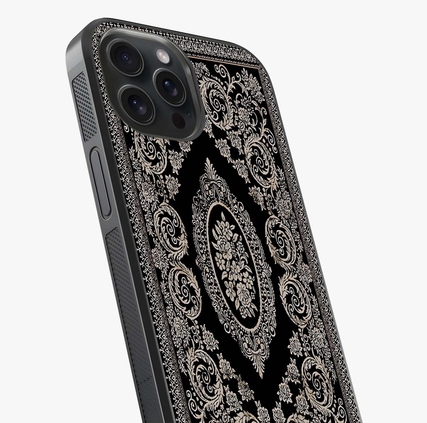 Noir Bloom Elegance Glass Case captured at a warm angle highlighting gloss, texture and premium glass finish.