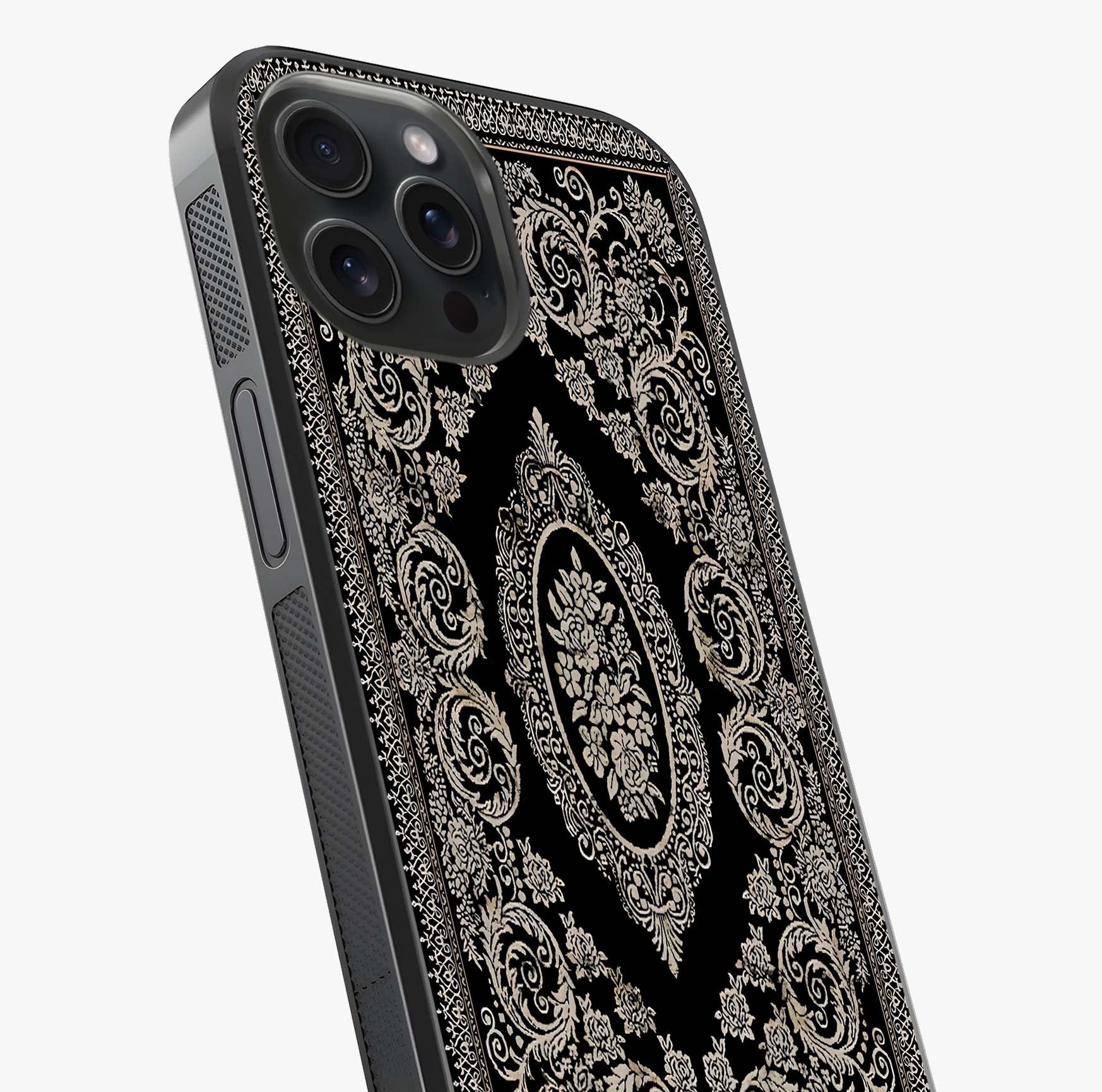 Noir Bloom Elegance Glass Case captured at a warm angle highlighting gloss, texture and premium glass finish.