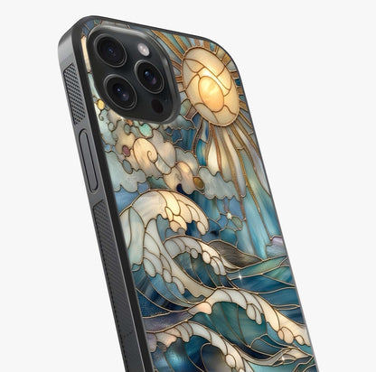 Oceanic Stained Printed Glass Case captured at a warm angle highlighting gloss, texture and premium glass finish.