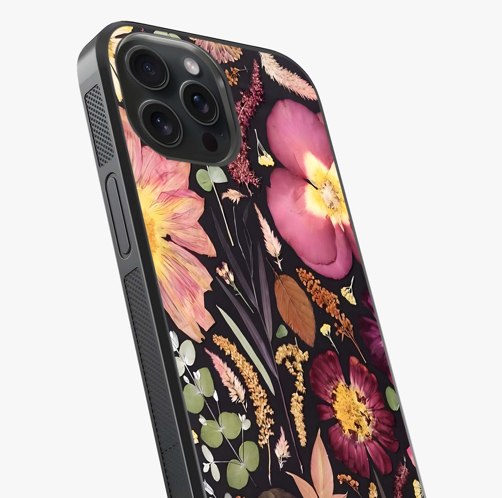 Petal Dream Tapestry Glass Case captured at a warm angle highlighting gloss, texture and premium glass finish.