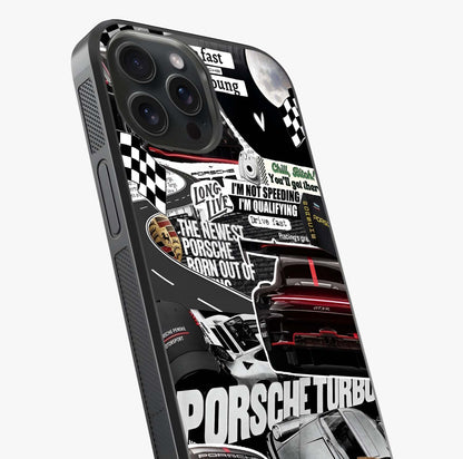 Porsche Racing Collage Glass Case captured at a warm angle highlighting gloss, texture and premium glass finish.
