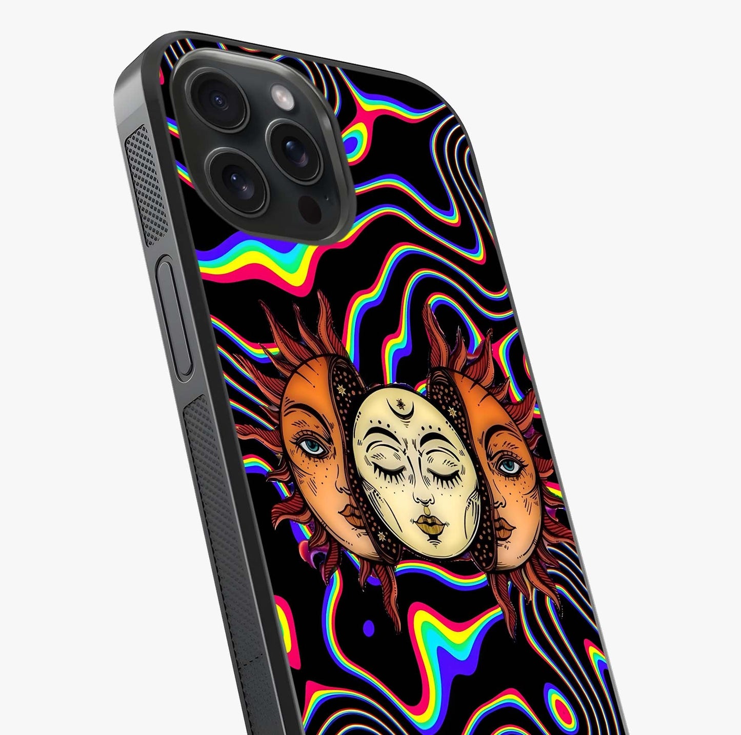 Psychedelic Sun Glass Case captured at a warm angle highlighting gloss, texture and premium glass finish.