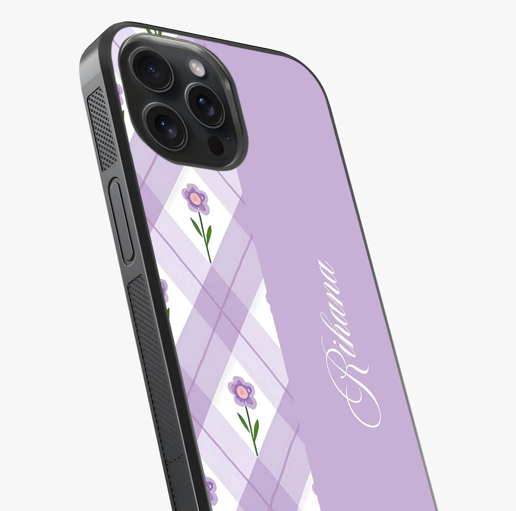 Purple Diamond Floral Glass Case captured at a warm angle highlighting gloss, texture and premium glass finish.