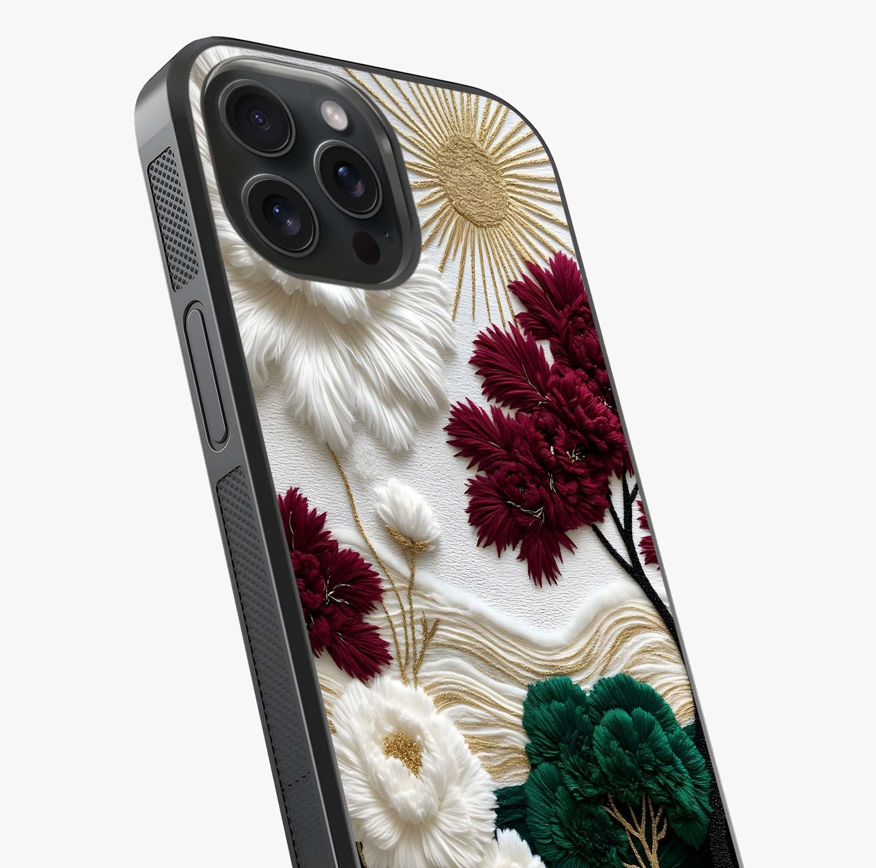 Radiant Bloom Elegance Glass Case captured at a warm angle highlighting gloss, texture and premium glass finish.