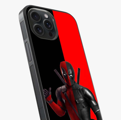 Red & Black Deadpool Theme Glass Case captured at a warm angle highlighting gloss, texture and premium glass finish.