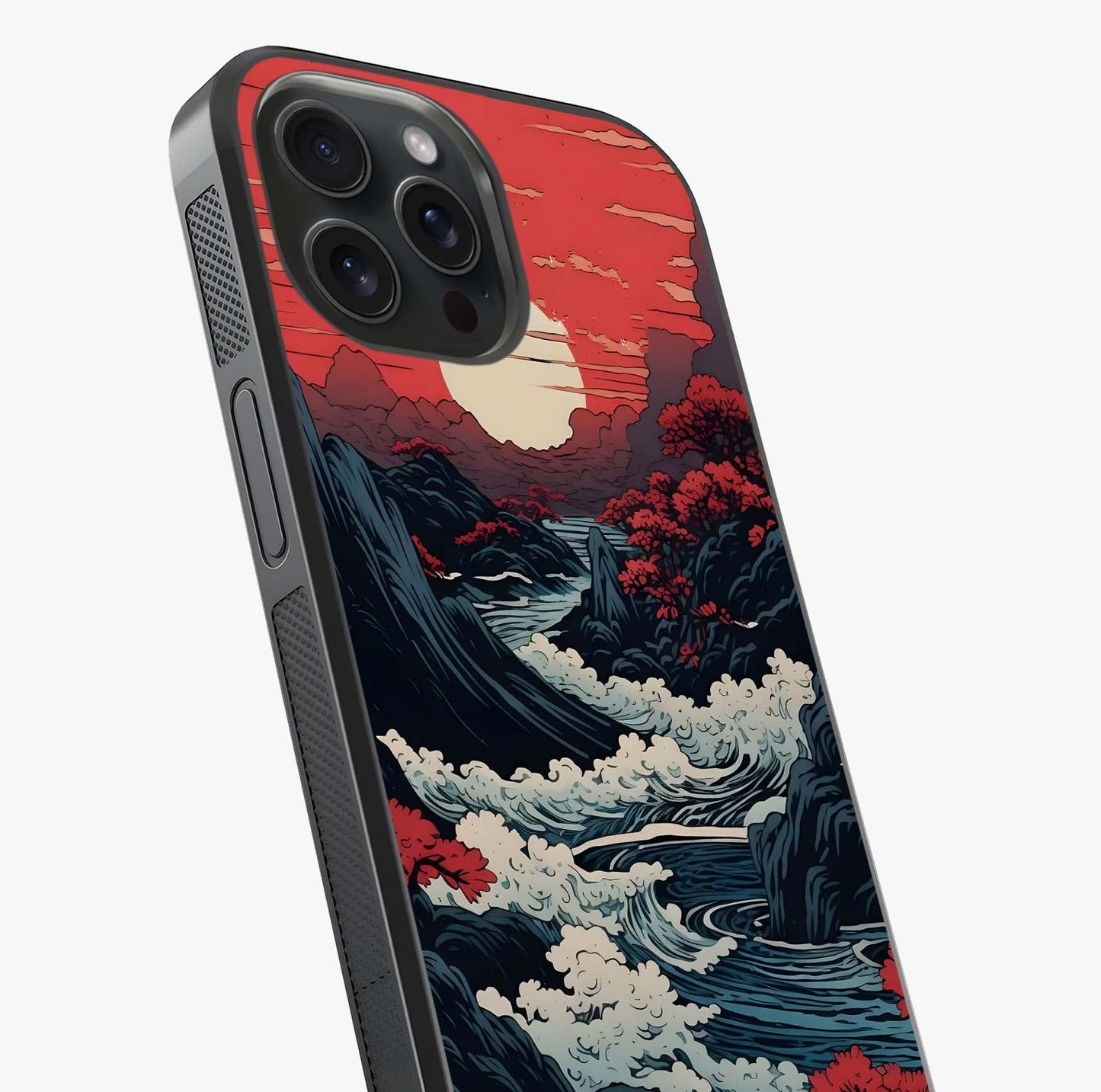 Red Sunset Scenery Glass Case captured at a warm angle highlighting gloss, texture and premium glass finish.