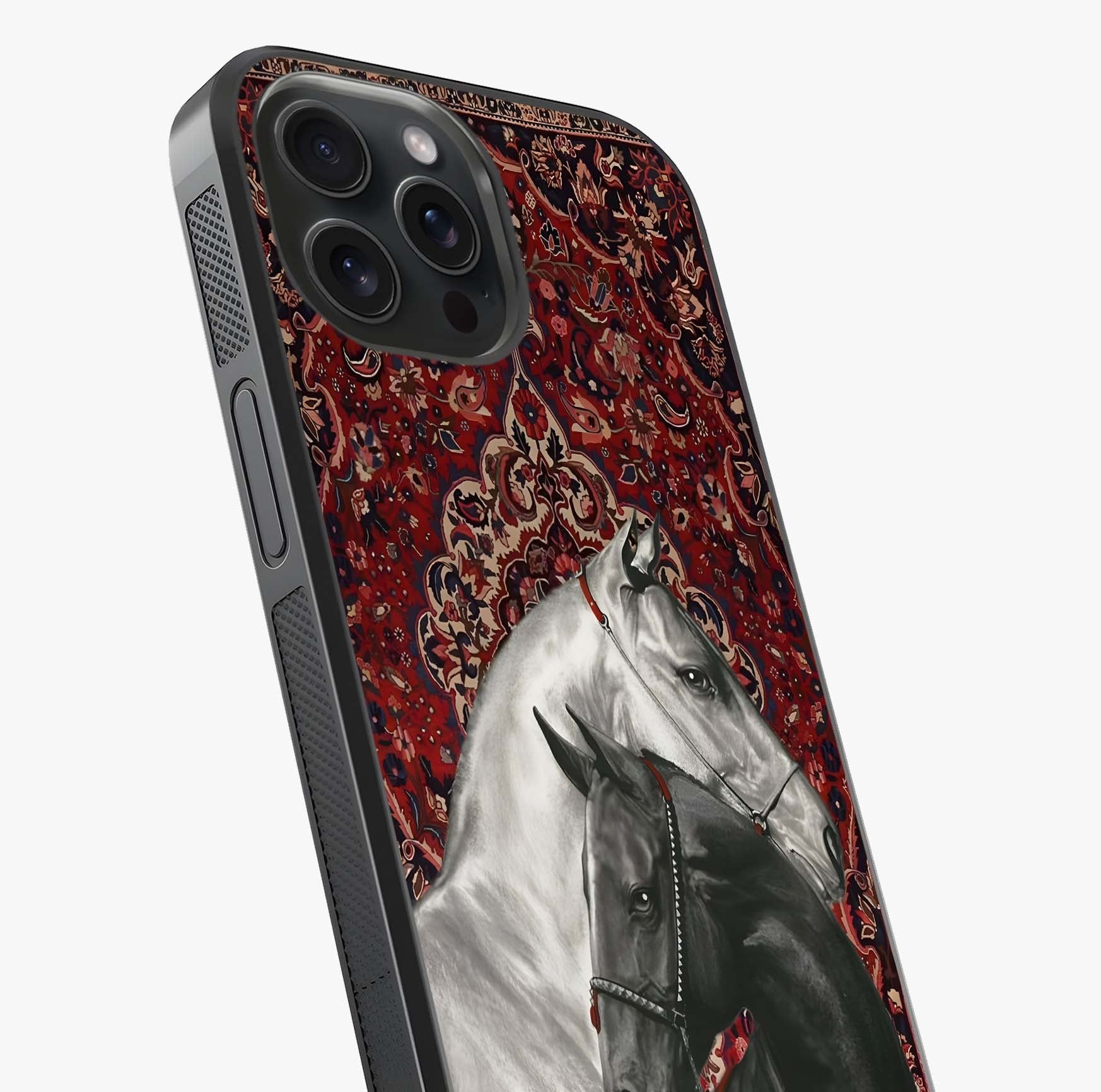 Regal Stallion Tapestry Glass Case captured at a warm angle highlighting gloss, texture and premium glass finish.
