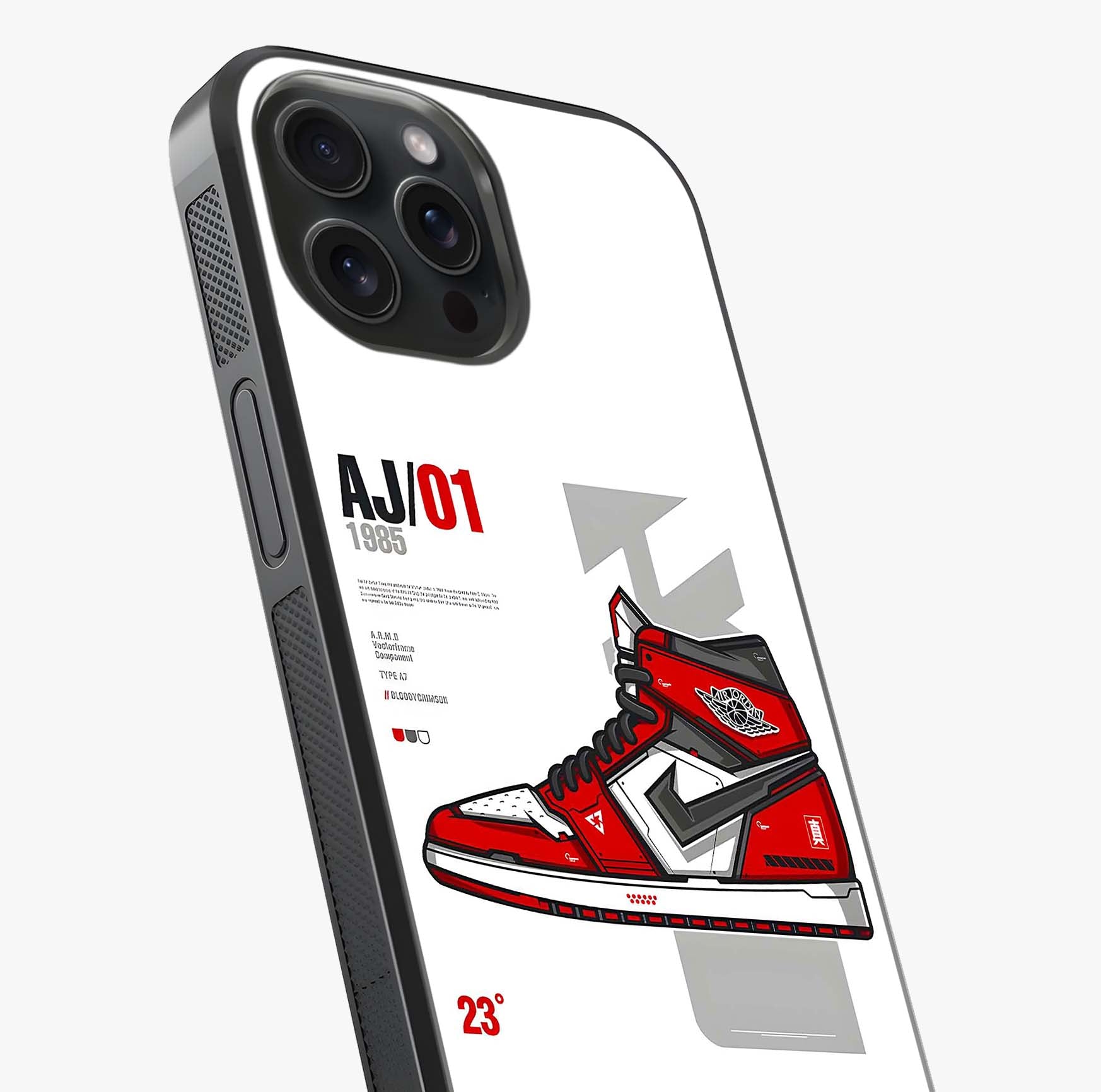 Retro Sneaker Blueprint Glass Case captured at a warm angle highlighting gloss, texture and premium glass finish.