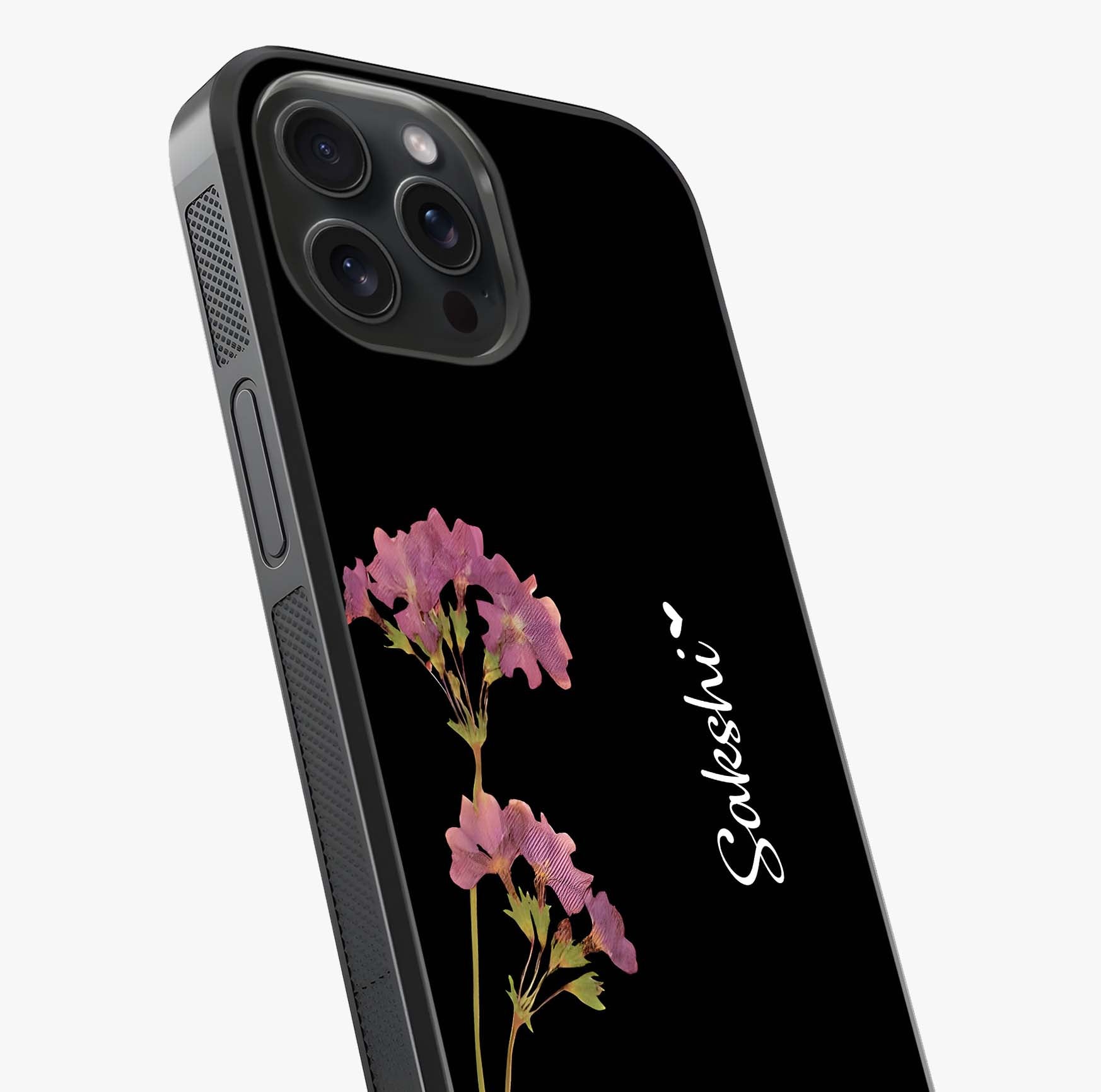 Riching Lavender Flower Custom Name Glass Case captured at a warm angle highlighting gloss, texture and premium glass finish.