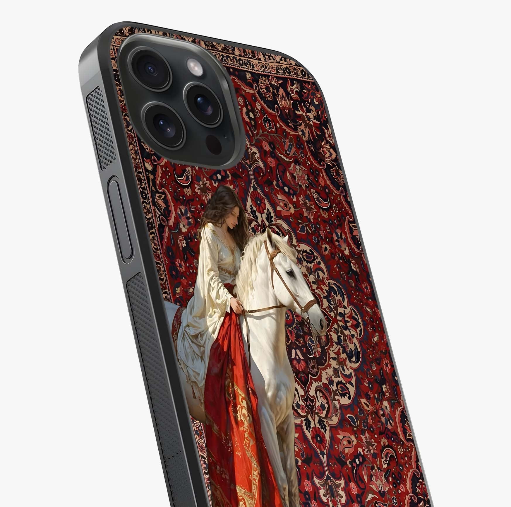 Royal Rider Tapestry Glass Case captured at a warm angle highlighting gloss, texture and premium glass finish.