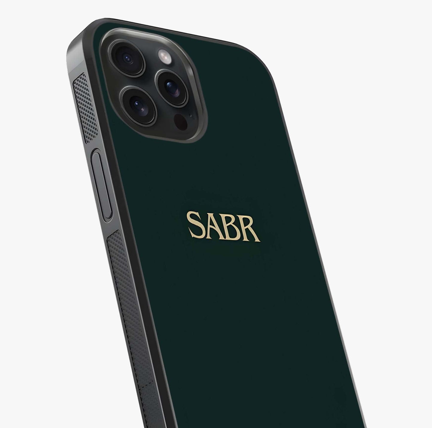 Sabr Minimal Patience Glass Case captured at a warm angle highlighting gloss, texture and premium glass finish.