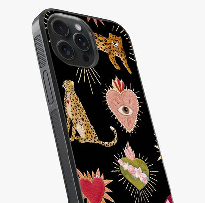 Sacred Jungle Heart Glass Case captured at a warm angle highlighting gloss, texture and premium glass finish.