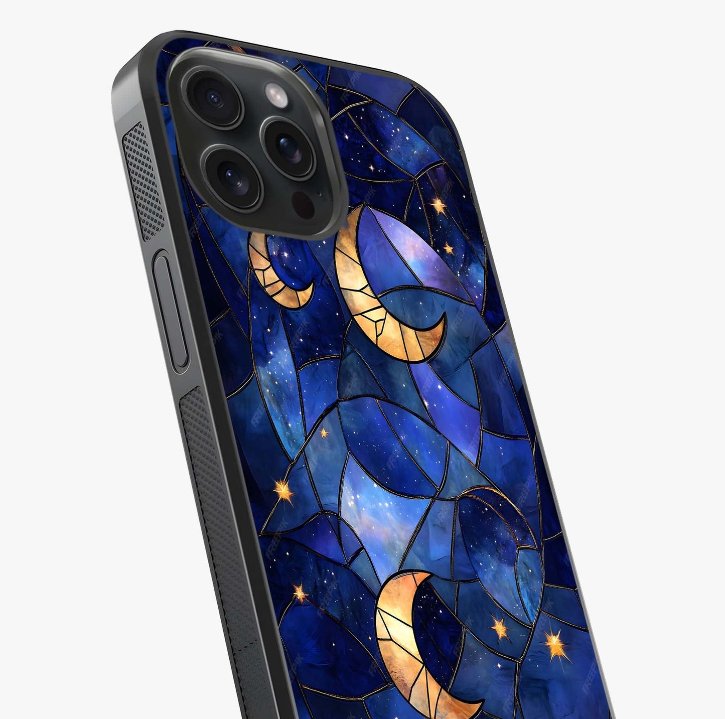 Starlit Sky Tapestry Glass Case captured at a warm angle highlighting gloss, texture and premium glass finish.