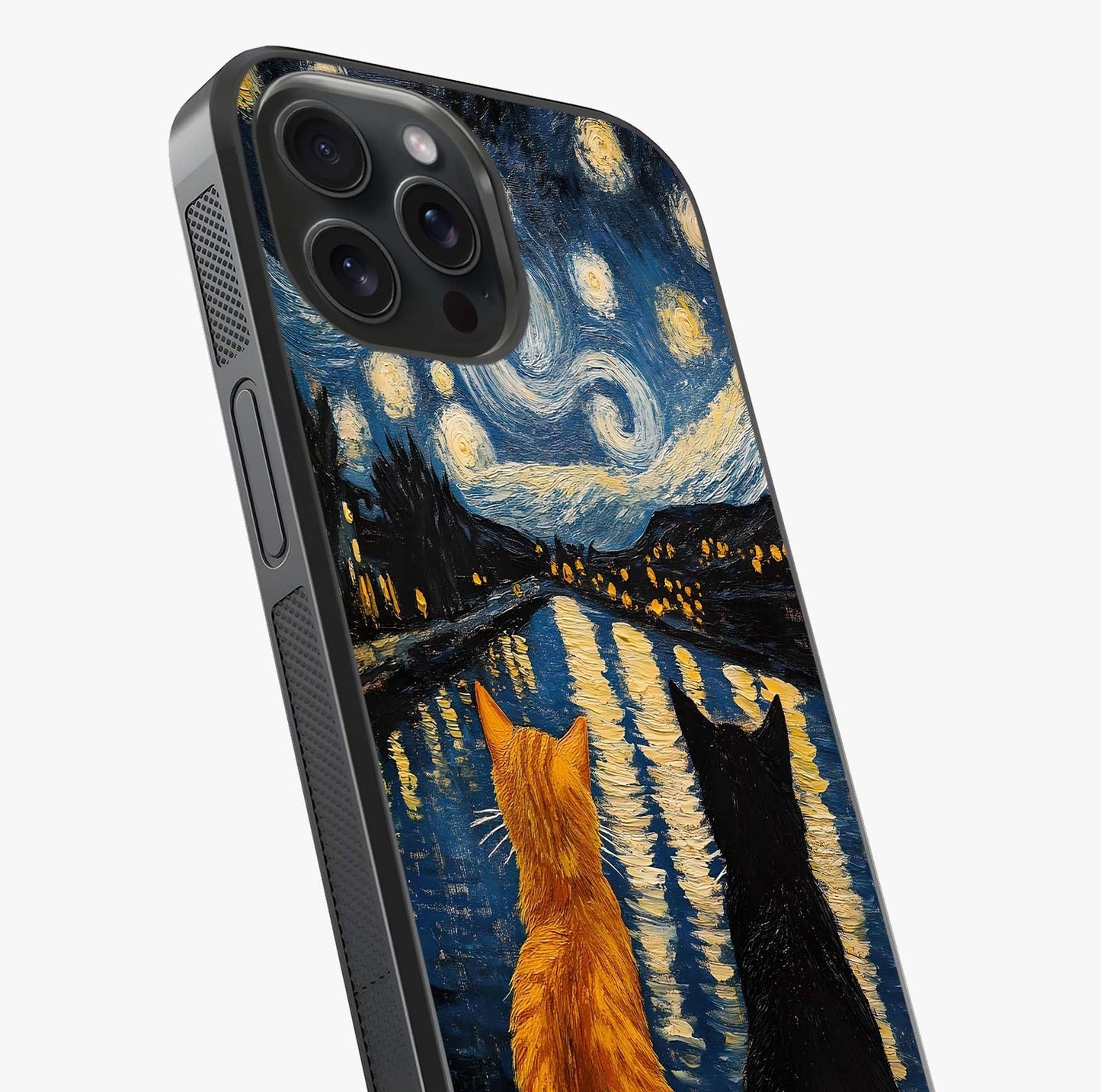 Starry River Cats Glass Case captured at a warm angle highlighting gloss, texture and premium glass finish.