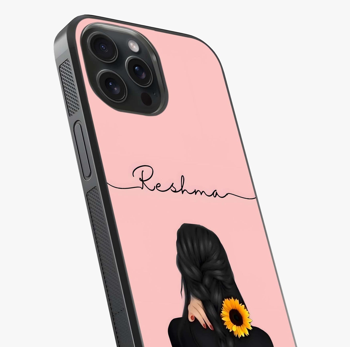 Sunflower Braid Beauty With Custom Name Glass Case captured at a warm angle highlighting gloss, texture and premium glass finish.