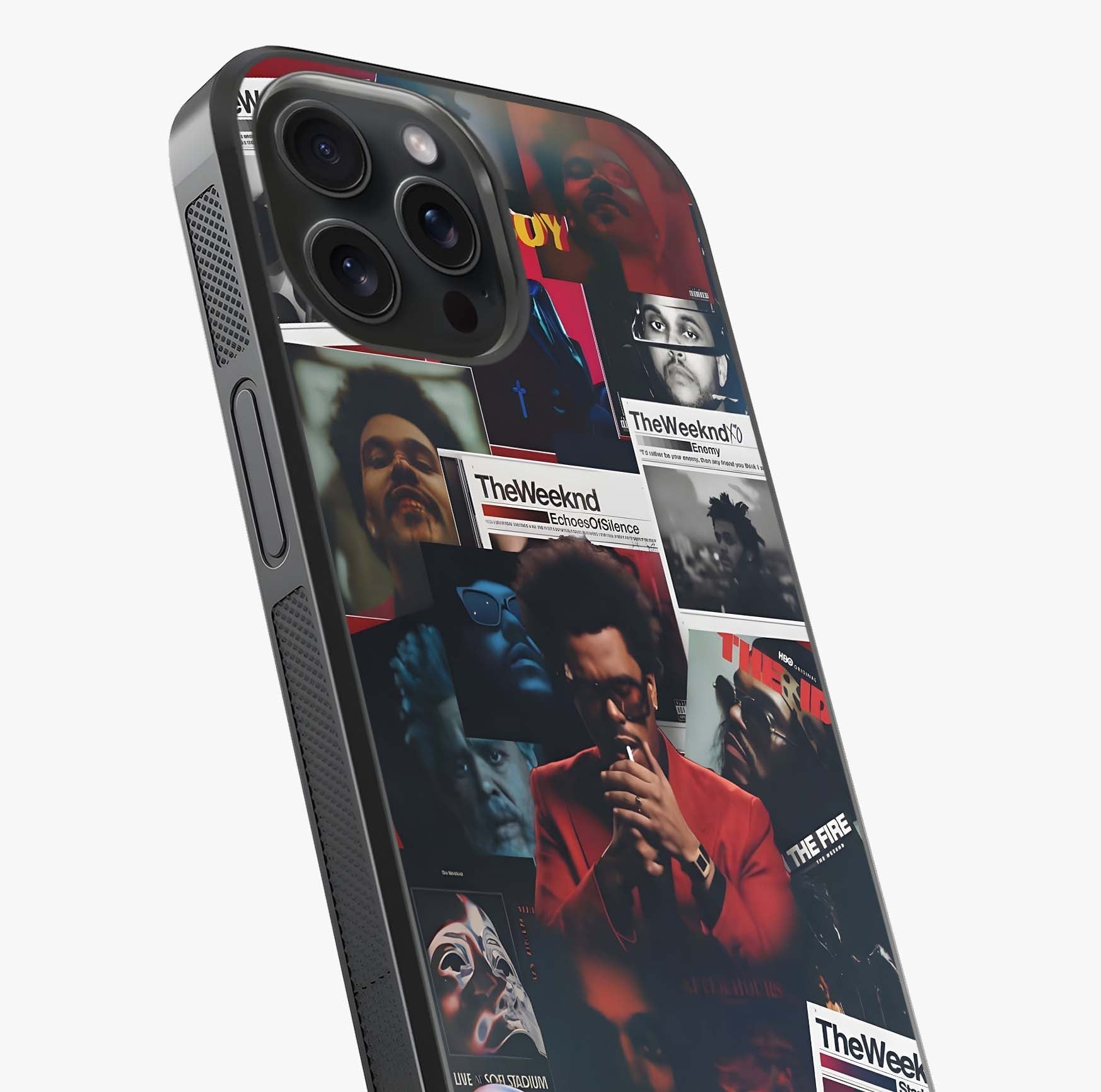 The Weeknd Glass Case captured at a warm angle highlighting gloss, texture and premium glass finish.