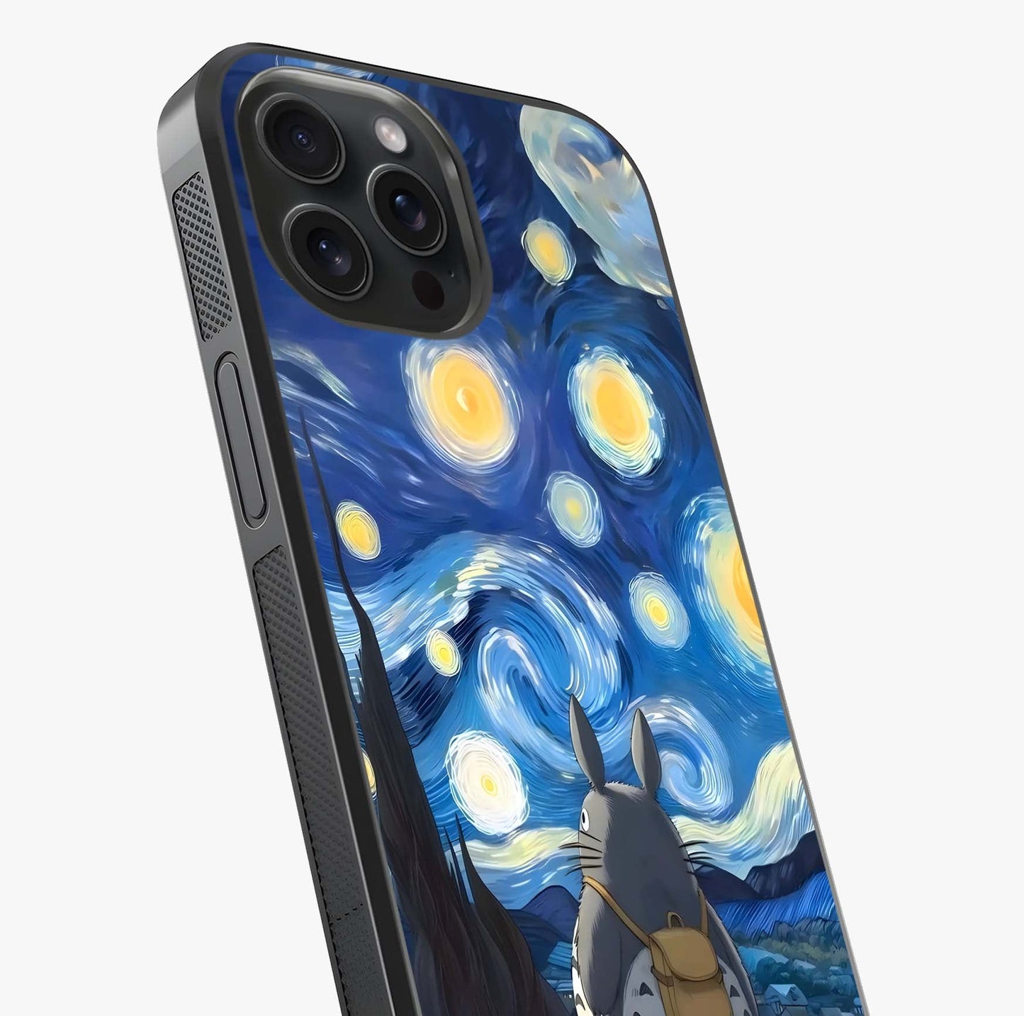 Totoro In Van Gogh Art Glass Case captured at a warm angle highlighting gloss, texture and premium glass finish.