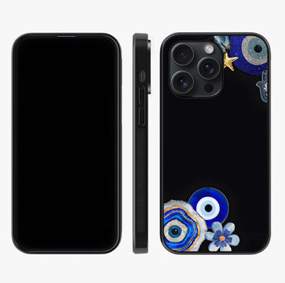 Aesthetic Blue Evil Eye Glass Case displayed upright for full design visibility and premium finish.