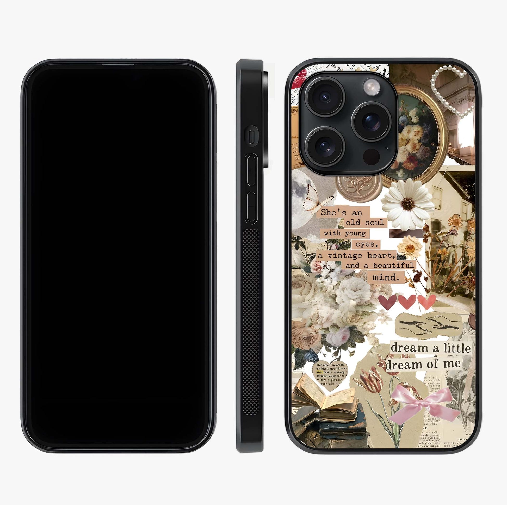Aesthetic Brown Vintage Collage Glass Case displayed upright for full design visibility and premium finish.