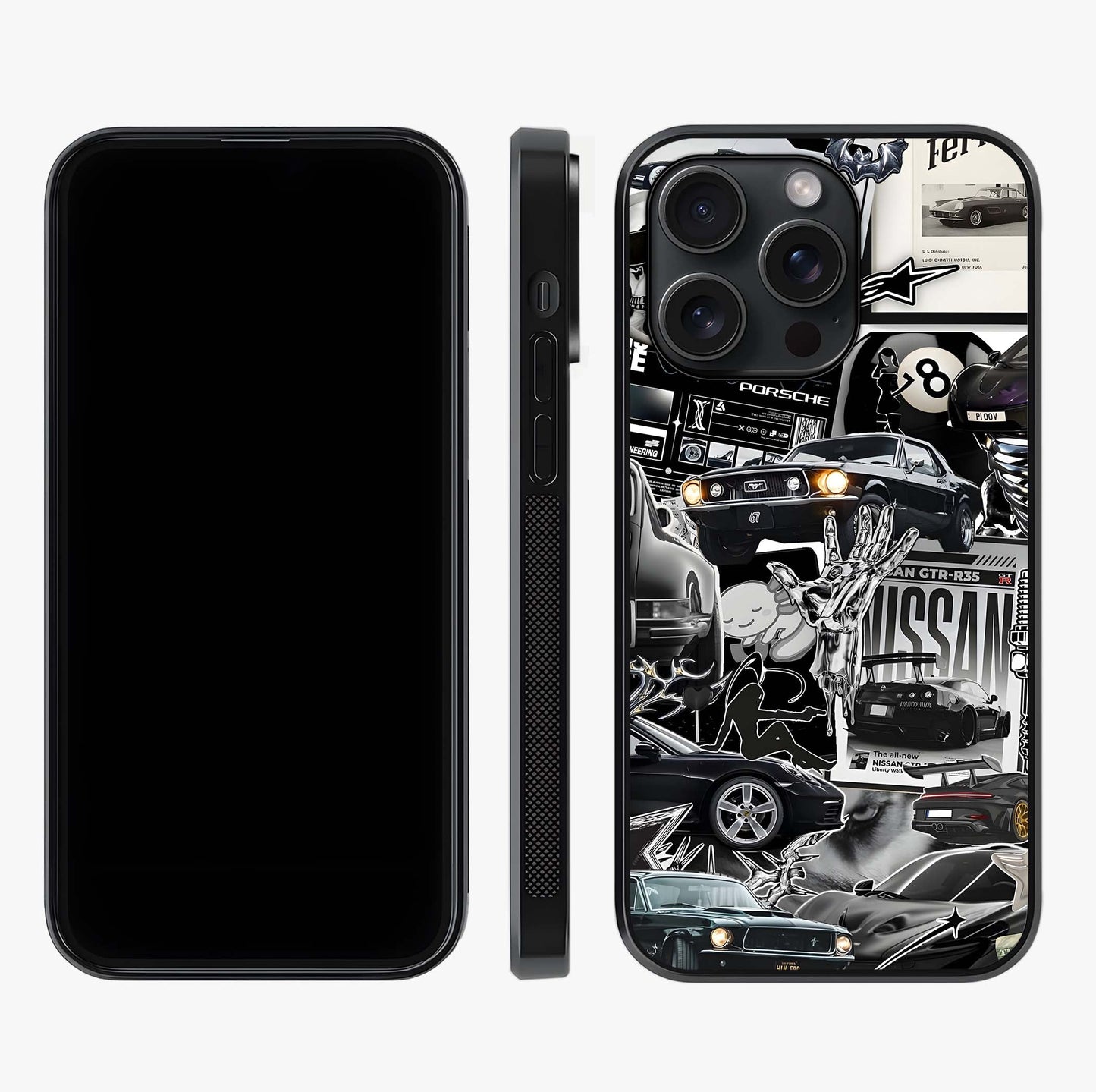 Aesthetic Dark Love Glass Case displayed upright for full design visibility and premium finish.