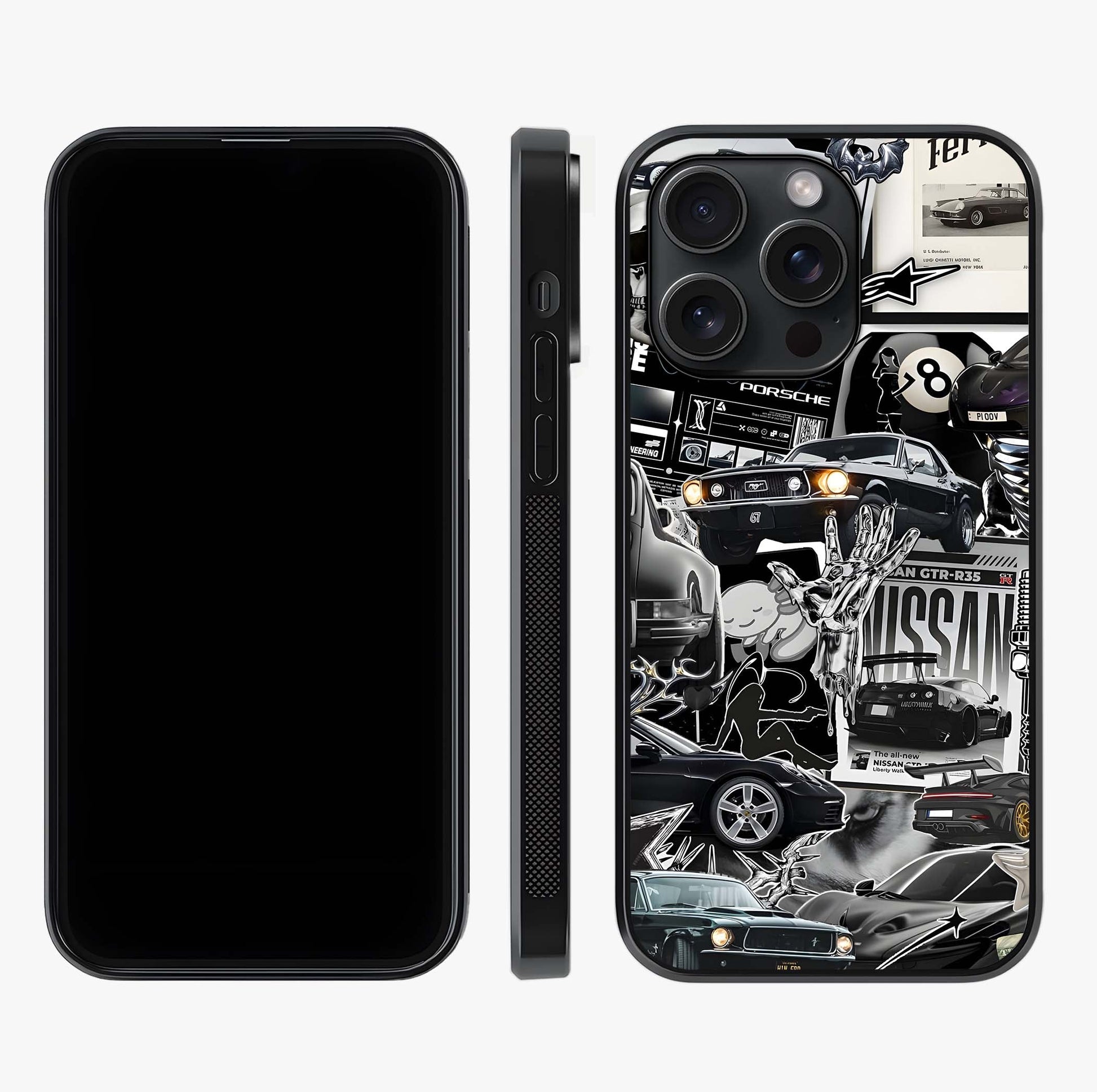 Aesthetic Dark Love Glass Case displayed upright for full design visibility and premium finish.