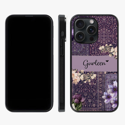Antique Floral Whisper Custom Name Glass Case displayed upright for full design visibility and premium finish.