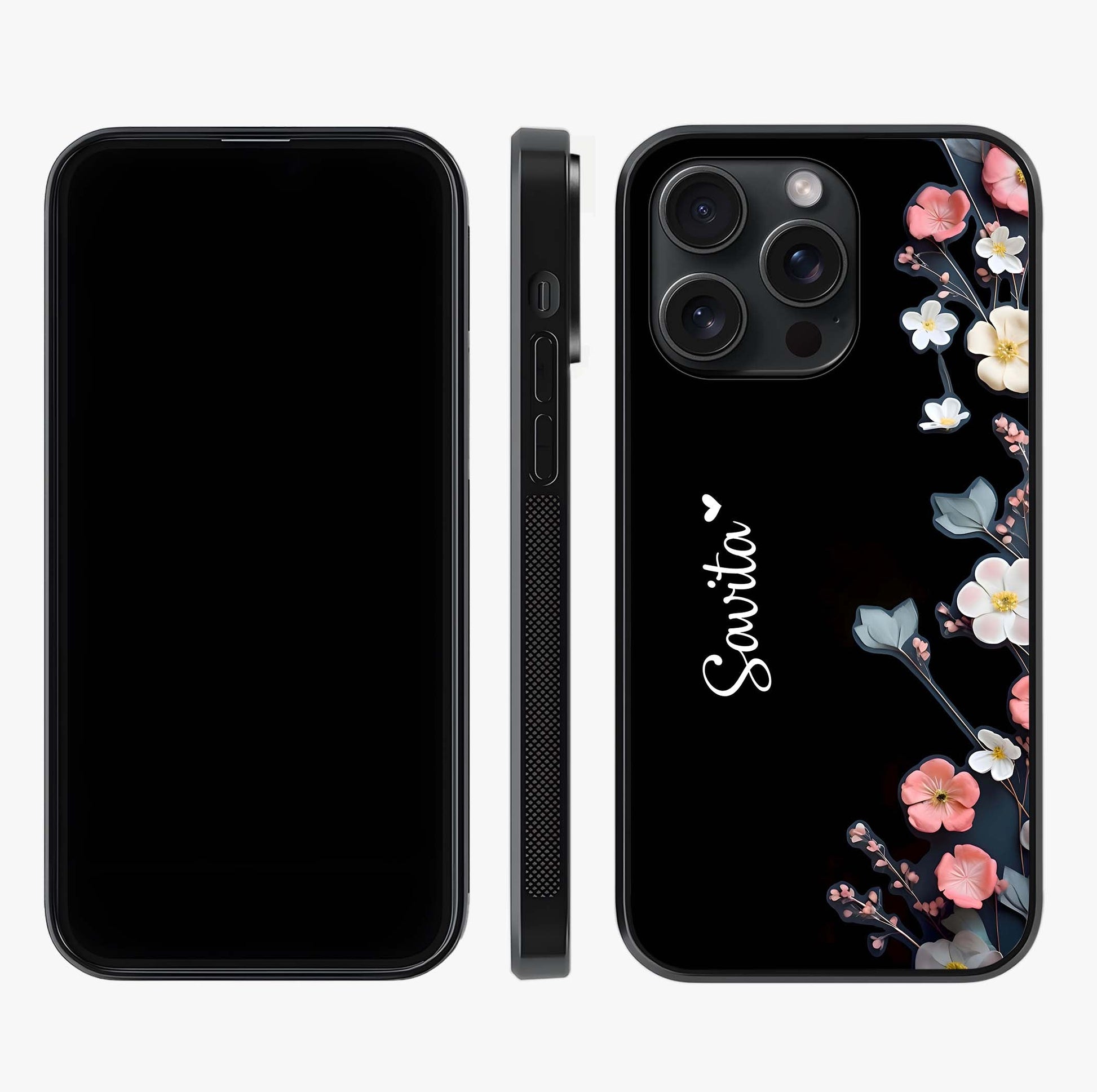 Black Elegance Floral Custom Name Glass Case displayed upright for full design visibility and premium finish.