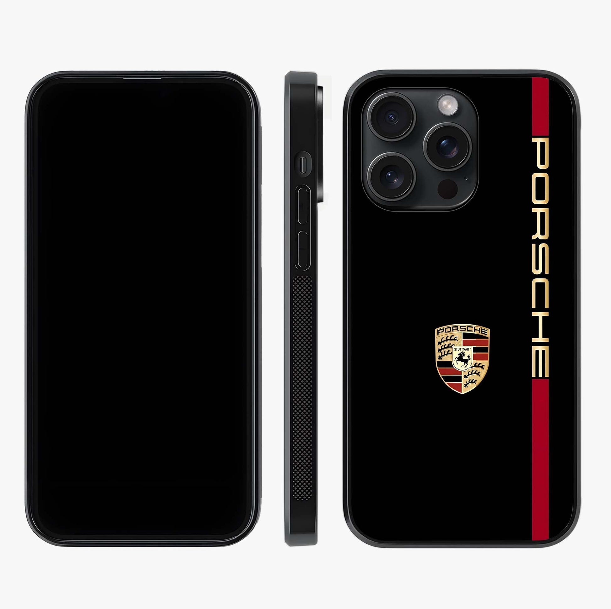 Black Minimal Porsche Glass Case displayed upright for full design visibility and premium finish.