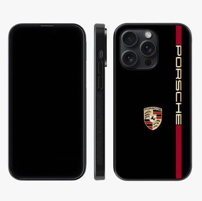 Black Minimal Porsche Glass Case displayed upright for full design visibility and premium finish.