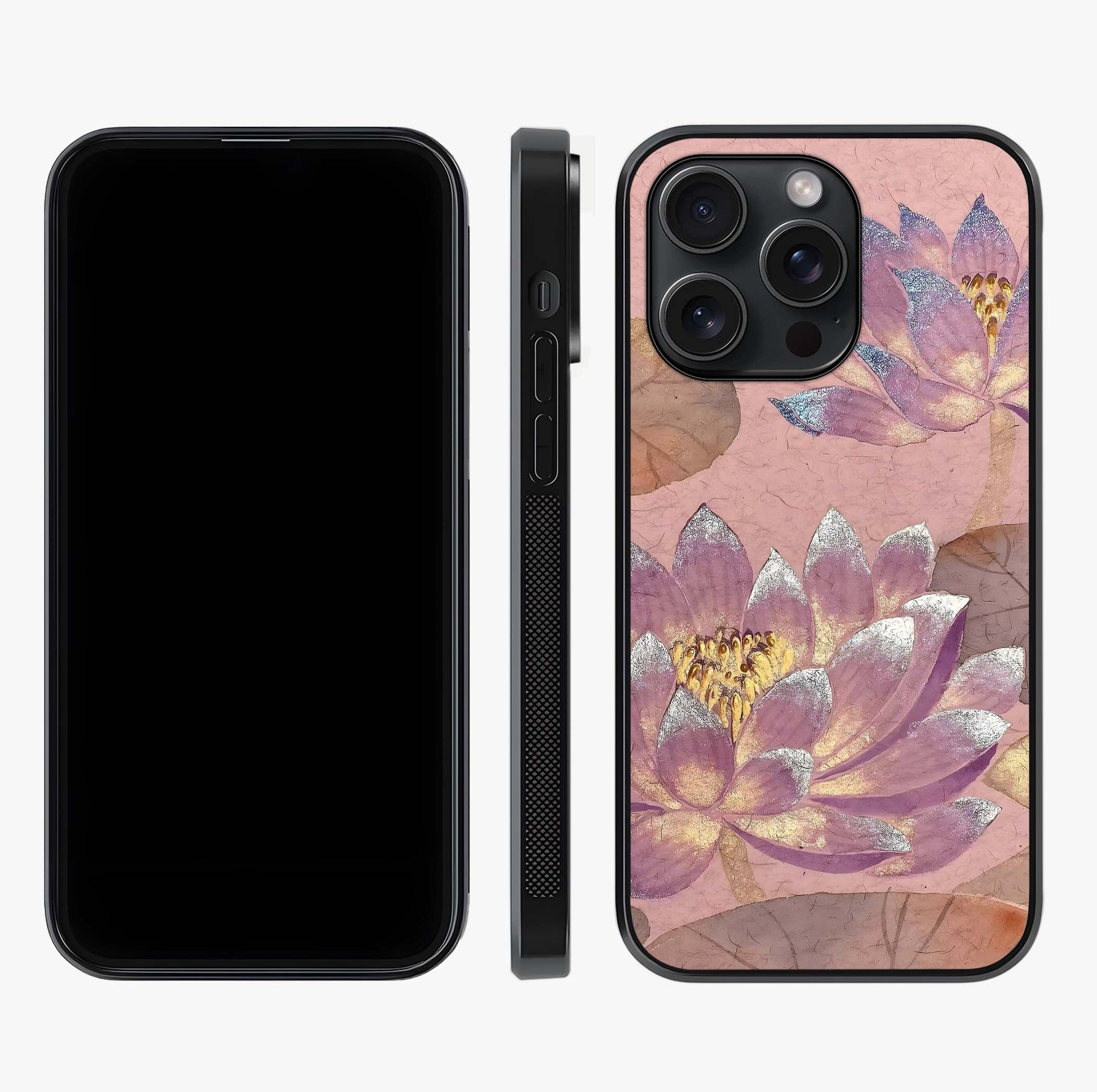 Blossom Mist Lotus Glass Case displayed upright for full design visibility and premium finish.