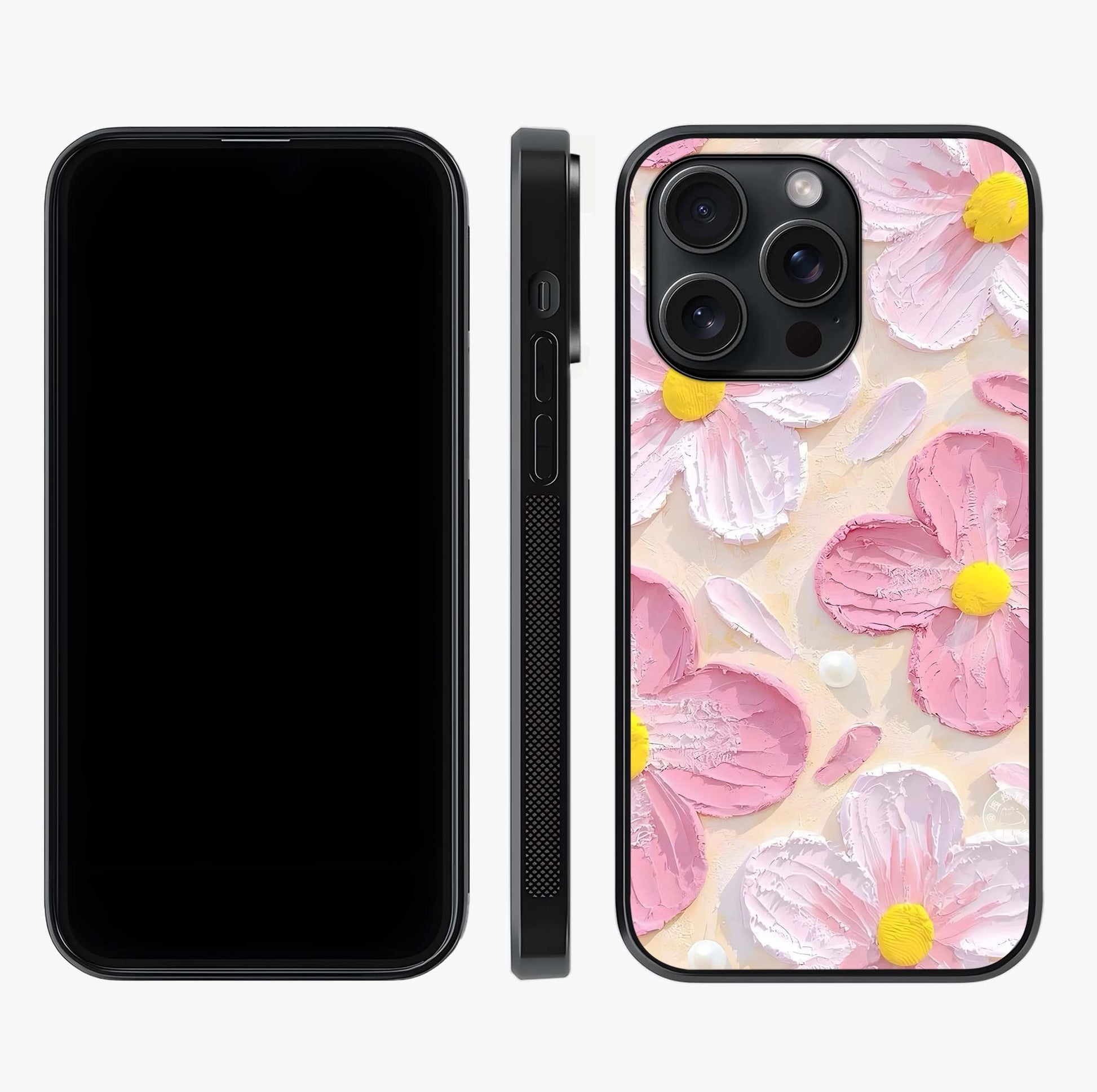 Blush Bloom Texture Glass Case displayed upright for full design visibility and premium finish.