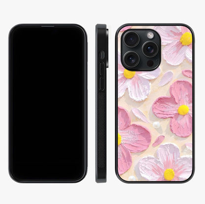Blush Bloom Texture Glass Case displayed upright for full design visibility and premium finish.