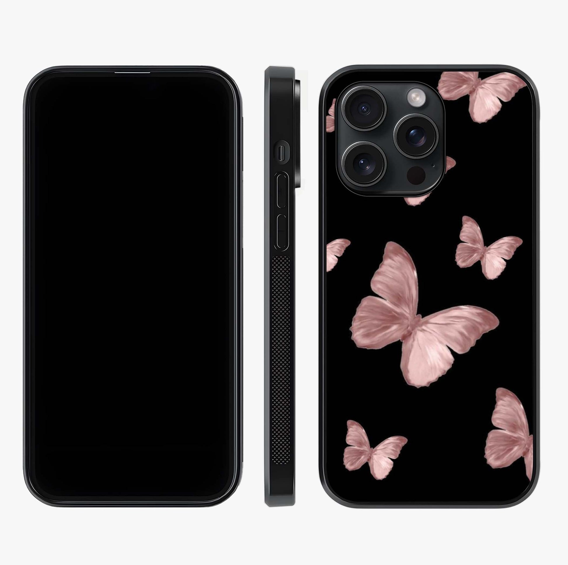 Butterfly Pattern Glass Case displayed upright for full design visibility and premium finish.
