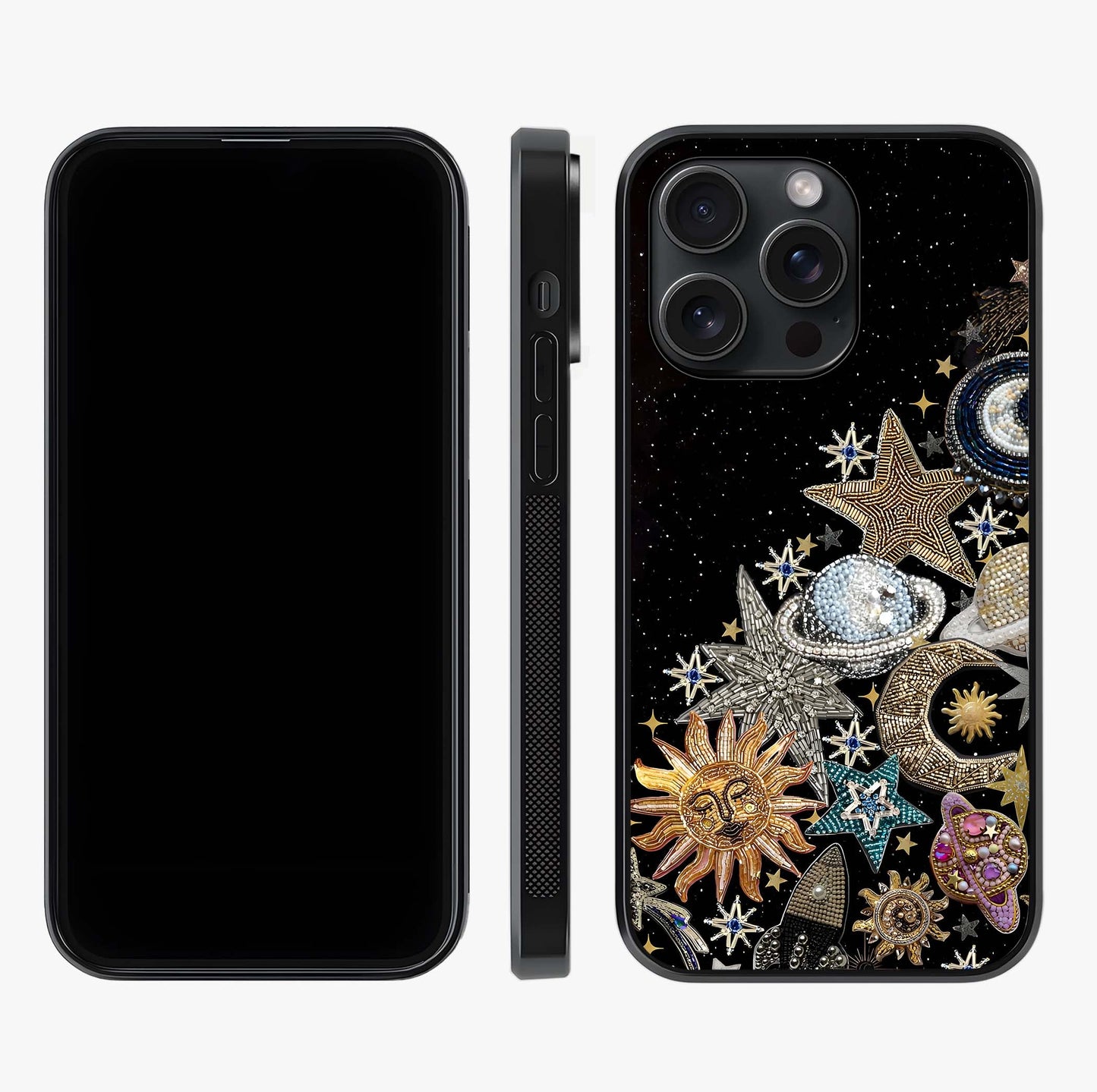 Cosmic Sparkle Dreams Glass Case displayed upright for full design visibility and premium finish.