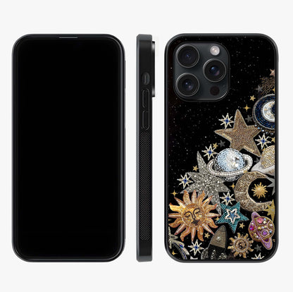 Cosmic Sparkle Dreams Glass Case displayed upright for full design visibility and premium finish.